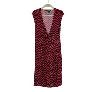 LRL Ralph Lauren Faux Wrap Jersey Stretch Dress Chevron Striped Red Work Size 2X